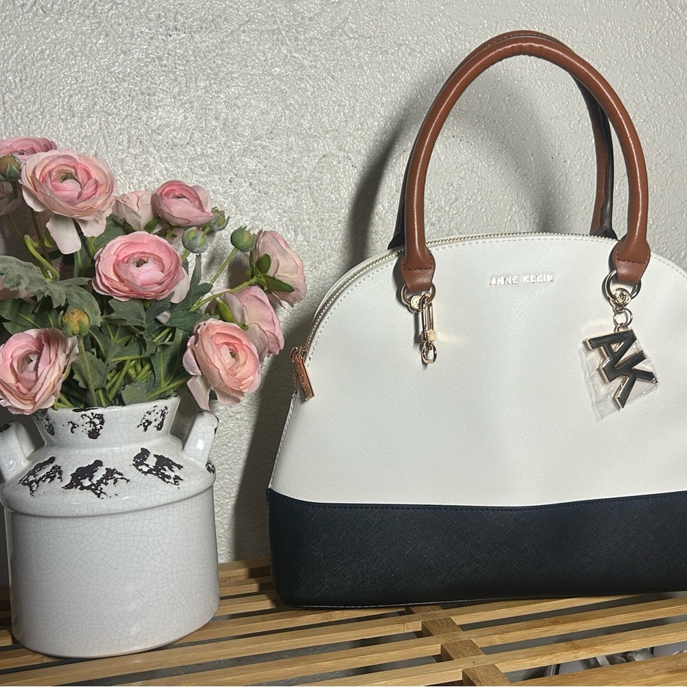 NWOT Anne Klein Two-Tone Dome Satchel in White, Black & Brown Trim